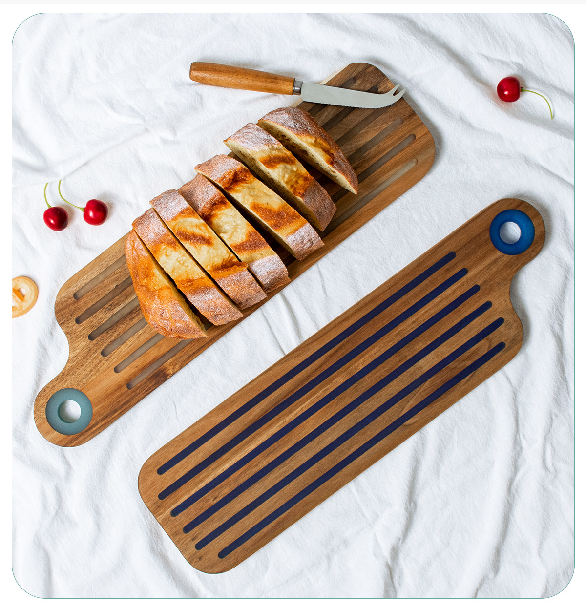 Striped Long Acacia Wood Cutting Board – 43×12.3cm Grooved Chopping Paddle (Model A & B)